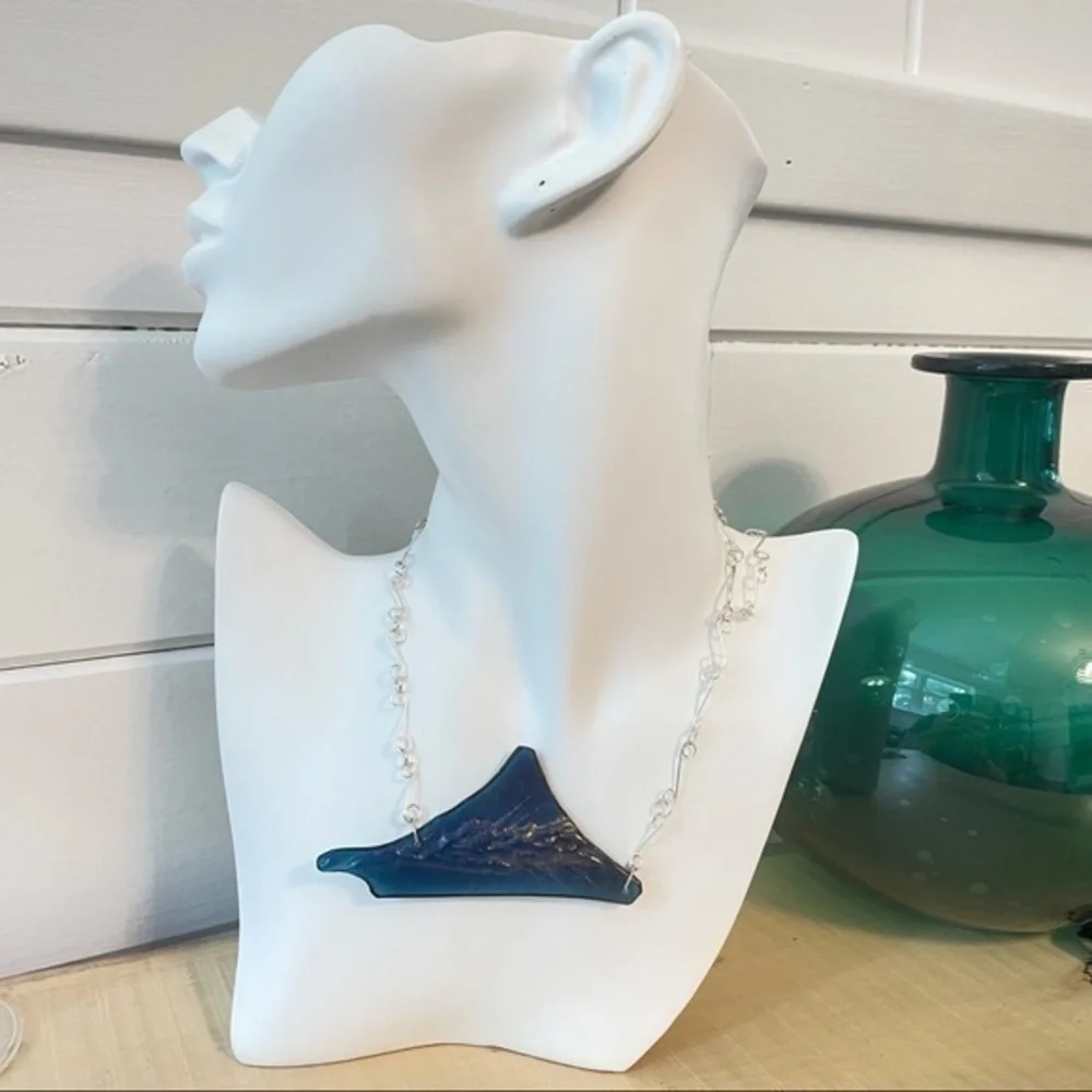 Handmade Iridescent Textured Blue Glass Link Statement Necklace Luxe Unique Gift